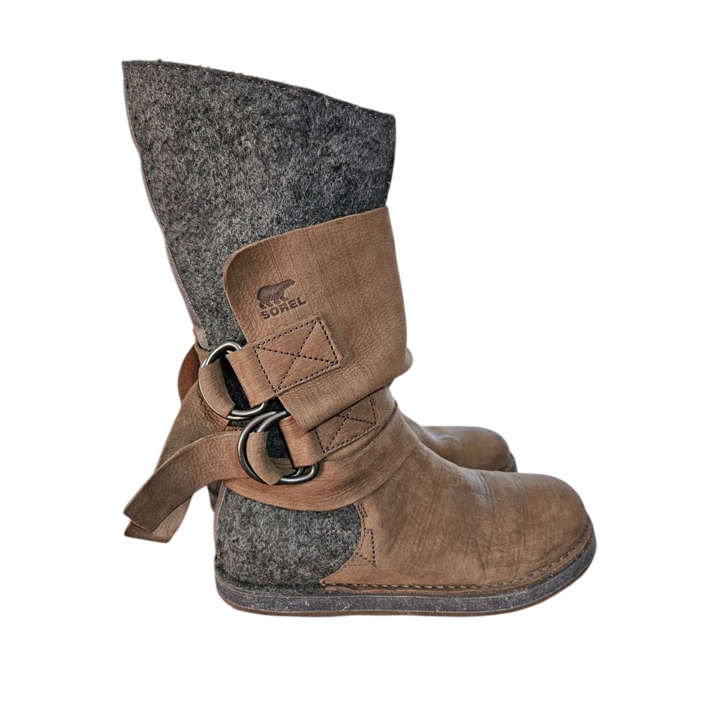 SOREL Chipahko Gray Felted Wool & Brown Leather Buckle Boots Womens US 8.5 Cozy